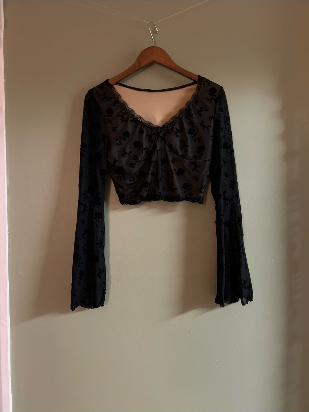 Black Velvet Floral Long-Sleeve Crop Top